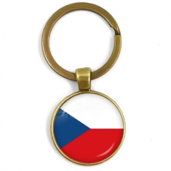 Czech Republic National Flag: Cabochon Key Chain Ring - BRONZE