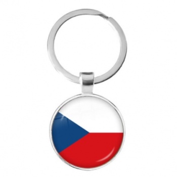 Czech Republic National Flag: Cabochon Key Chain Ring – SILVER