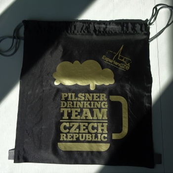Pilsner Drinking Team Czech Republic: Drawstring Bagpack - BLACK + GOLDEN logo