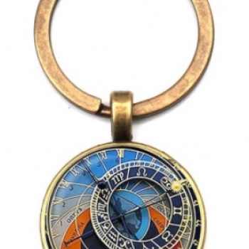 Prague Astronomical Clock: Cabochon Key Chain Ring - BRONZE