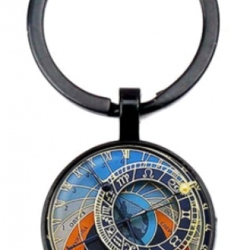 Prague Astronomical Clock: Cabochon Key Chain Ring - BLACK