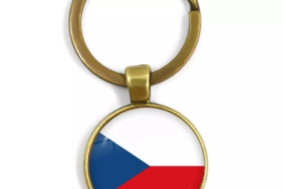 Czech Republic National Flag: Cabochon Key Chain Ring - BRONZE
