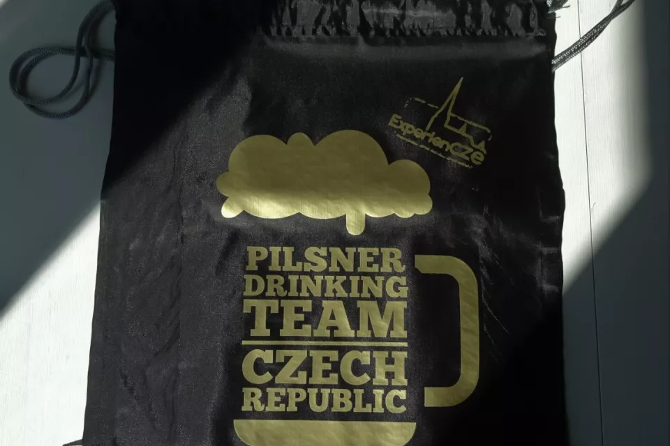 Pilsner Drinking Team Czech Republic: Drawstring Bagpack - BLACK + GOLDEN logo