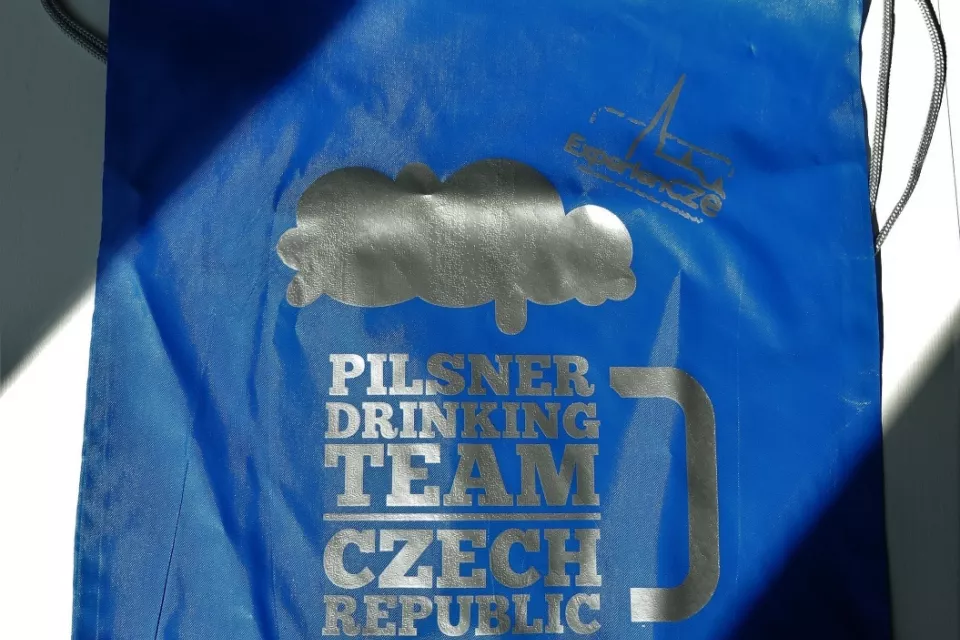 Pilsner Drinking Team Czech Republic: Drawstring Bagpack - BLUE + SILVER logo